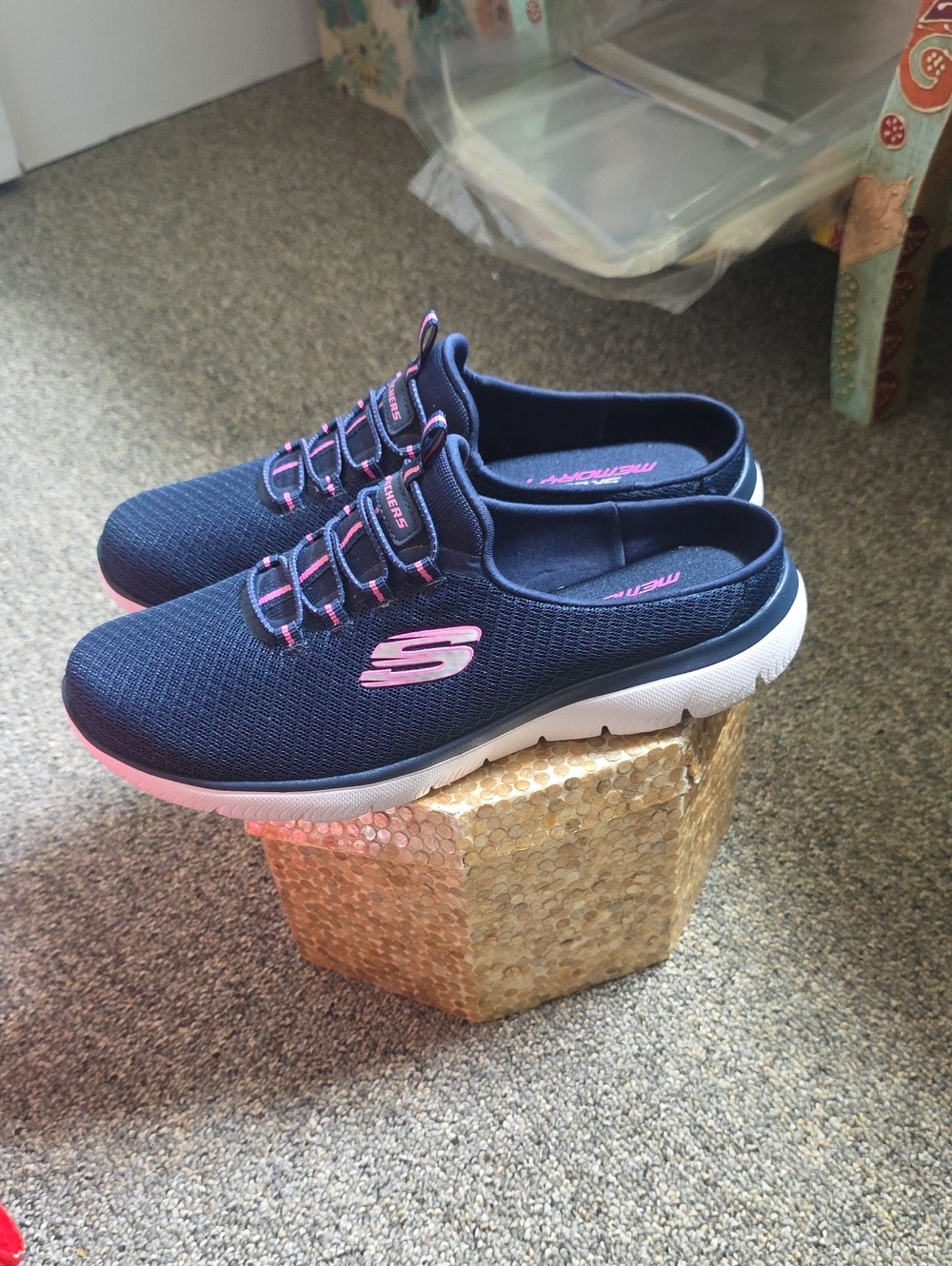 Skechers Navy Slip-On Sneakers with Pink Details